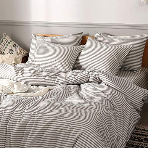 Jellymoni 100% Natural Cotton 3Pcs Striped Duvet Cover Sets,White With Grey Stripes Pattern Printed Comforter Cover,With Zipper Closure & Corner Ties(King Size) #TOP1