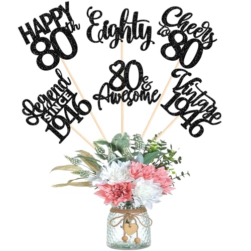 12PCS Happy 80th Birthday Centerpiece Sticks Eighty Vintage 1946 Table Flower Centerpieces Sticks Cheers to 80 Lengend Since 1946 Decorations for 80th Birthday Party Centerpieces Supplies Black