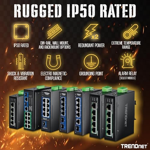 Image of TRENDnet 7-Port Industrial Gigabit PoE+ DIN-Rail Switch, TI-PG62, 120W PoE Power Budget, 14Gbps, IP50 Rated, NDAA & TAA Compliant, Ethernet Splitter, Lifetime Protection