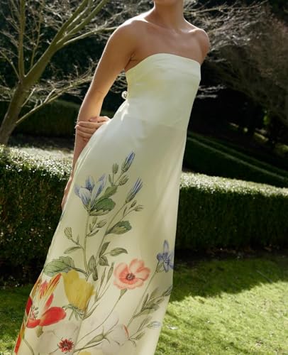 Image of Women Floral Print Maxi Tube Dress Strapless Flowy Long Bandeau Dress Y2K Open Back Sundress Summer Beachwear