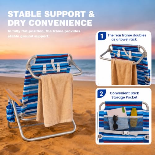Image of SUNNYFEEL XL 28 inch Extra Wide Beach Chair for Adults,Low Backpack Beach Chair | 5-Position Lay Flat Reclining, 500 lb Heavy Duty Folding Chair with Pillow & Cup Holder, Darkblue Stripe