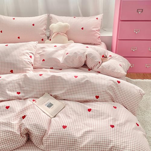 Nyescasa Housse de Couette Coeur Rouge 200x200 Rose et Blanc à Carreaux Moderne Parure de lit Adulte 2 Personnes en Microfibre Housses de Couettes avec...