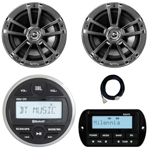 JBL PRV-175 Marine Gauge Hole Mount USB Bluetooth AM/FM Digital Stereo Receiver, Wired Remote, 20-Foot Extension Cable, 2x 6.5" 225 Watt Peak Power 2-Way High-Performance Boat Chrome Speakers