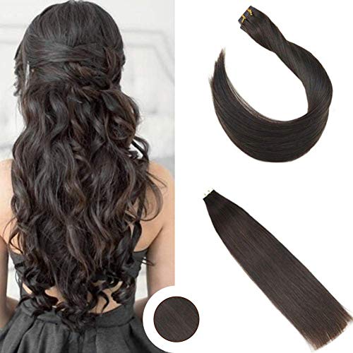 Ugeat 24 Inch Tape in Invisible Hair Extensions #2 Darkest Brown 100% Natural Hair Glue in Human Hair Extensions 40 PCS Seamless Tape in Remy Hair Extensions 100 Grams