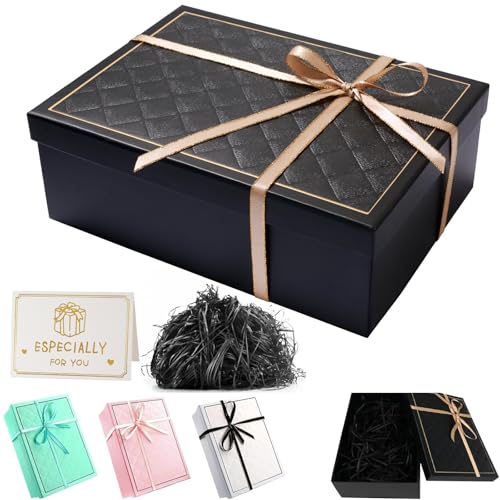 Caja Regalo, 25 x 18 x 8.5 CM Caja para Regalo Rectangulares, Plegable Cajas de Regalo con Tapa, Cajas Regalo Carton con Lazo Carda Rafia, para Boda Cumpleaños Navidad Valentín (Negro)