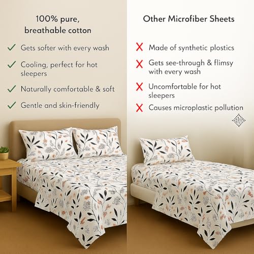 Image of 100% Pure Cotton Double Bedsheet Set - Multi Leaf Premium Print (90x100 Inches) - Ultra Soft, Breathable & Skin-Friendly Luxury Bedding with 2 Pillow Covers