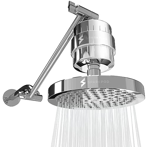 SparkPod 6' High Pressure Rain Shower Head with 23 Stage Filter Capsule & 11 Inch Adjustable Shower Arm Extension - Shower Filter Reduces Chlorine for Smoother Hair & Skin (Round, Polished Chrome)
