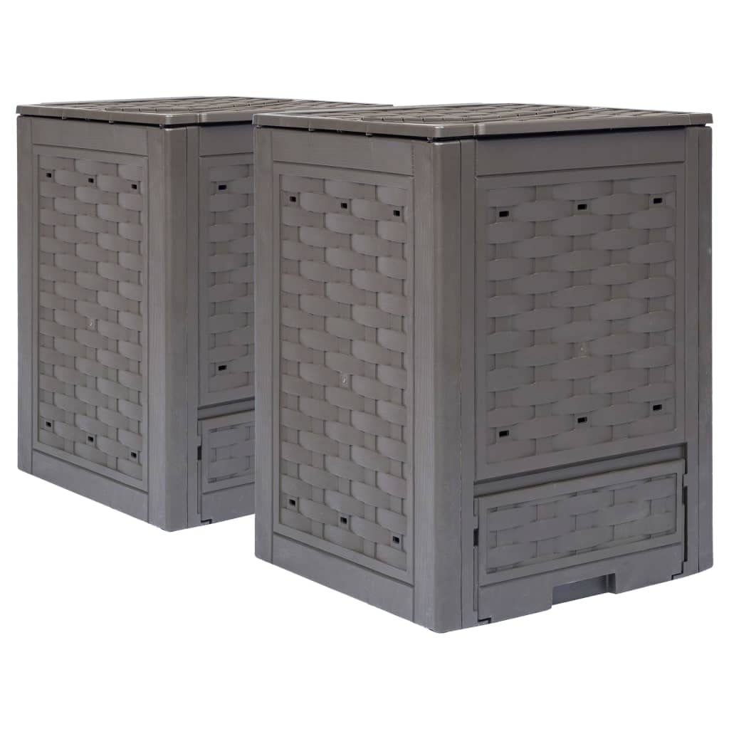 Kompostownik ogrodowy, 2 sztuki, brązowy, 60 x 60 x 83 cm, 600 l, tworzywo sztuczne, rattan, wentylowany pojemnik na kompost z dzieloną pokrywą, odporny na działanie promieni UV, do ogrodu