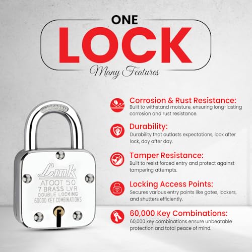Image of Link Atoot 50mm Padlocks 5Pcs Set | 60,000 Key Combinations | Steel Body | Hardened Shackle | 7 Brass Lever | Made in India | 3 Keys for Each Padlock