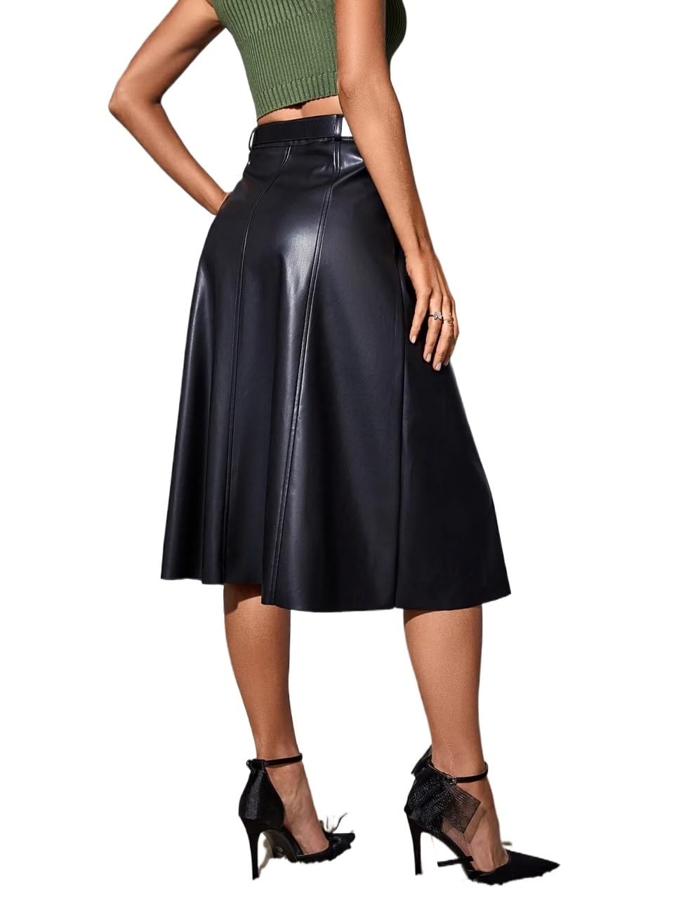 Gonna Pelle，Gonna Pelle Donna Gonna svasata in pelle PU da donna Gonna longuette solida a vita alta retrò Elegante gonna chic da donna con cintura