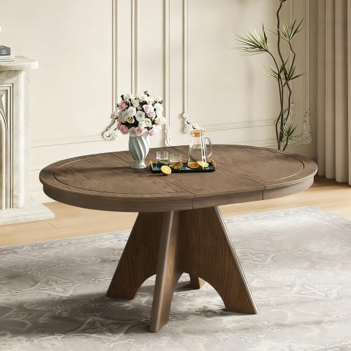 42"-58" Extendable Dining Table for 4-6, Farmhouse Round Kitchen Table with Removable Leaf and Crossed Legs for Kitchen, Dining Room (Espresso)