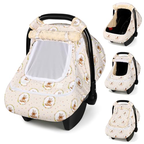 Image of Hooyax Baby Car Seat Cover with Dual Zipper, Extra Large Mesh Window Carseat Canopy, All-Season Weather Protection for Infant Car Seats & Strollers (Bear)