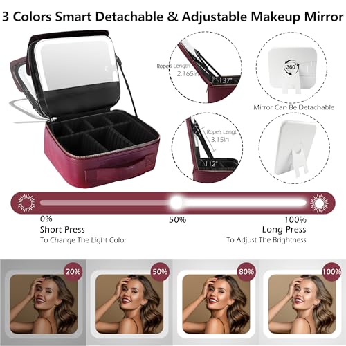 Image of MOMIRA Travel Makeup Bag Cosmetic Bag Makeup Organizer Bag with Lighted Mirror, Adjustable Brightness in 3 Color Scenarios, Waterproof Makeup Train Case, Gift for Women - Wine Red(Woven)