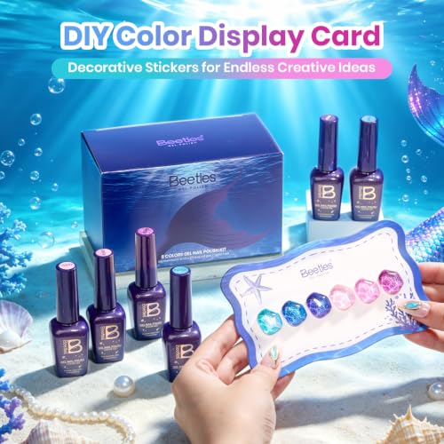 Image of Beetles Glitter Gel Nail Polish Set, Siren Scale Shimmer Gel Polish, 6 Colors 9ml UV LED Soak Off Blue Pink Purple Mermaid Nail Art Set with Rhinestones & Swatch Card