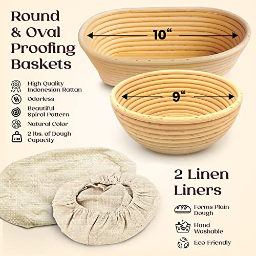 Reggimi Banneton Bread Proofing Basket Set - 27 Piece Bread Making Kit With Round And Oval Proofing Baskets For Sourdough Bread Baking, Lame, Dough Scraper, Whisk, Silicone Mat, Stencils, And More #TOP2