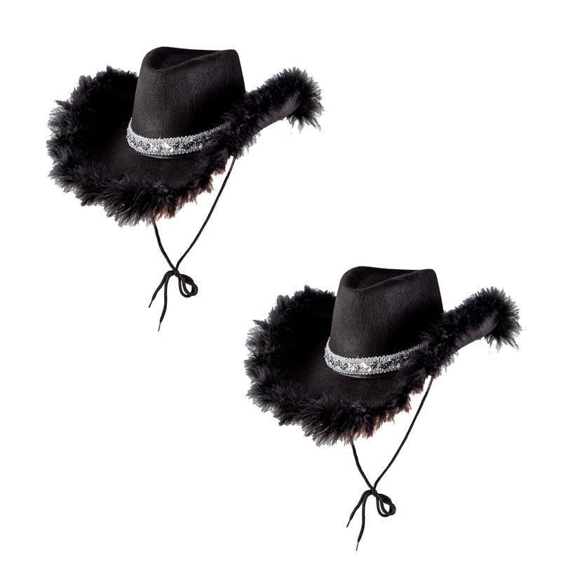 My Illusions 2 Pack Cowgirl Hats Western-Themed Hen Night Fancy Dress Ladies Festival Cowboy Costume Accessories (Black with Feathers)