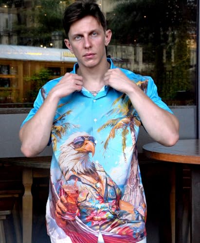 Men's Hawaiian Beach Shirt, Eagle Tropical Print, Button Down Short Sleeve, Teal - Image 3