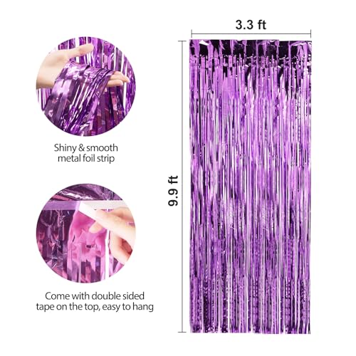 Image of Crosize 7 Pack 3.3 x 9.9 ft Purple Foil Fringe Backdrop Curtain, Streamer Backdrop Curtains, Streamers Birthday Party Decorations, Tinsel Curtain for Parties, Galentines Decor