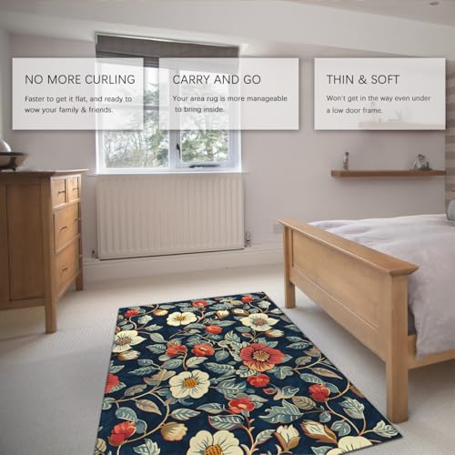 Carpette bleue vintage 60x90cm aux finitions botaniques