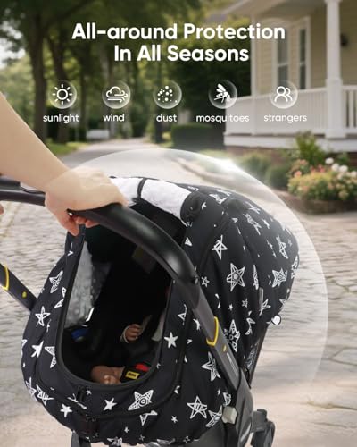 Image of Car Seat Cover for Baby, with Mesh and Zipper, Black Star | 2 Layers, Available In Winter And Summer, Windproof, 4 usage modes, Easy Access Carseat Covers Snug Fit Baby Stroller