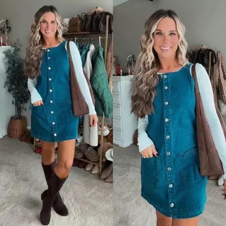 Image of Yousify Womens Casual Sleeveless Denim Overalls Dresses Button Down Summer Jean Mini Dress 2025 Trendy Romper With Pockets