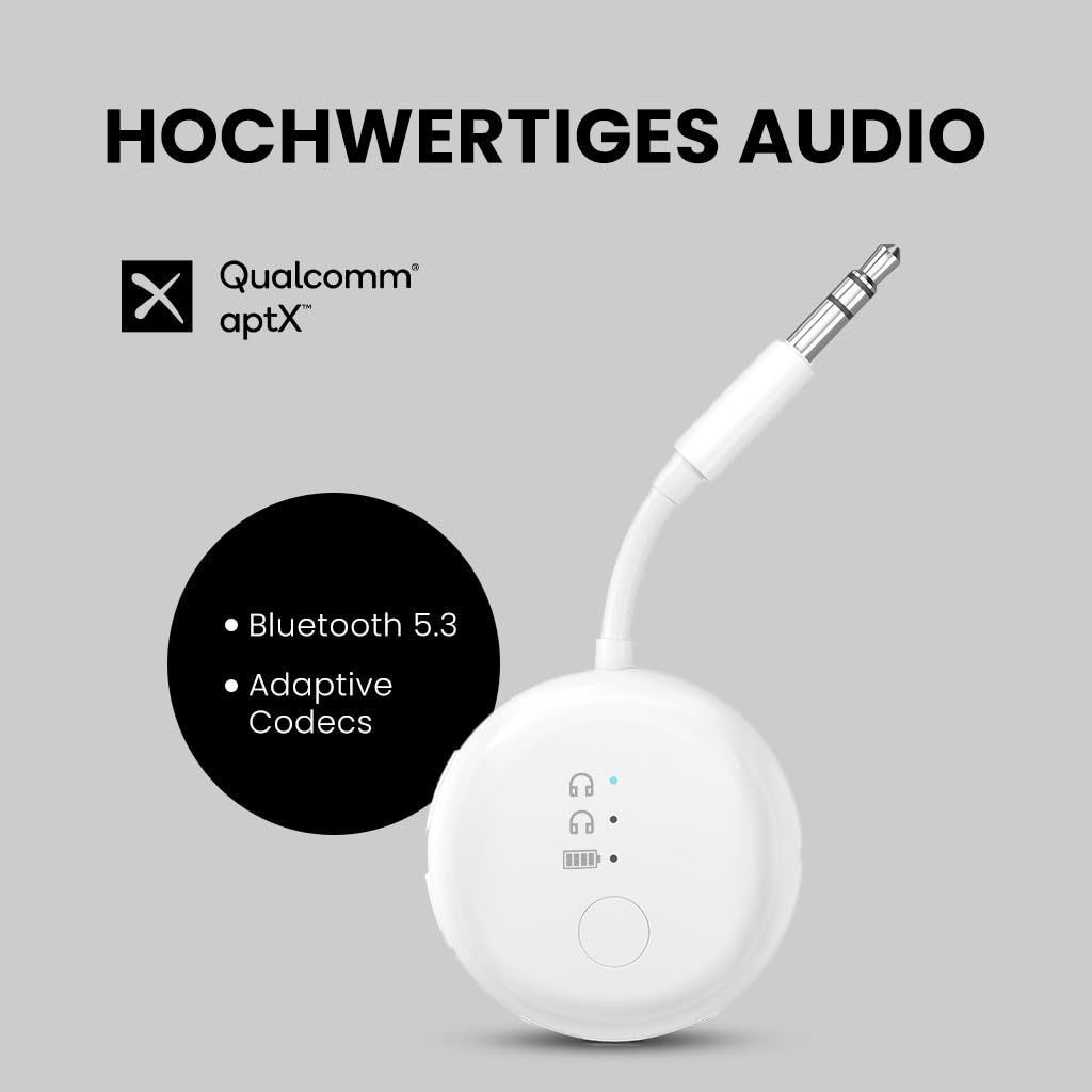 Avantree SoundJet R1 Weiß & Metallic Schwarz, Bluetooth Adapter Flugzeug für Kopfhörer & AirPods, aptX Adaptive, Qualcomm-Chipset, 20 Std. Akkulaufzeit, Kabelloser Audio Transmitter für Reisen