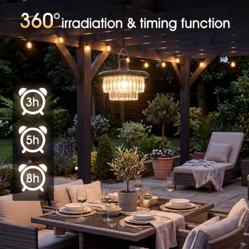 Image of Neoglint Solar Pendant Light Outdoor 222 LED IP65 Split Design Dimmable | Crystal-like design, 6 Color Temperatures 2700K-6500K, 16.4ft Cable for Gazebo, Galcony, Shed and Patio