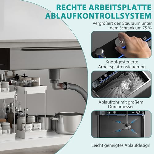 Edelstahl Spülbecken, 80 x 45 cm Küchenspüle, mit LED-Anzeige, Großvolumige Einzelwanne, Ausziehbarer Wasserfall-Wasserhahn, Überlaufvorrichtung und Ablaufgarnitur Sowie Diverses Zubehör.