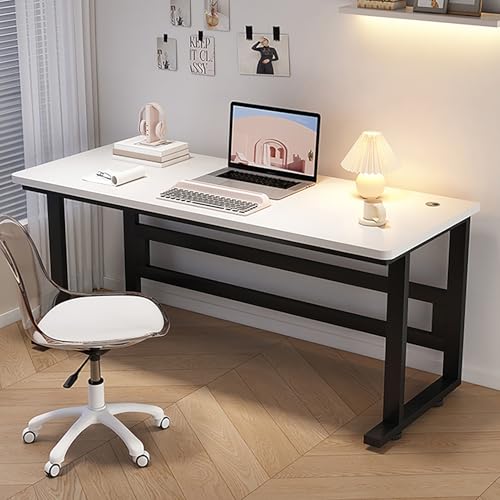 Escritorio industrial moderno para computadora con marco de metal y parte superior de madera para trabajo, estudio, escritura, juegos, dormitorio, sala de estar, blanco, 260 x 50 cm