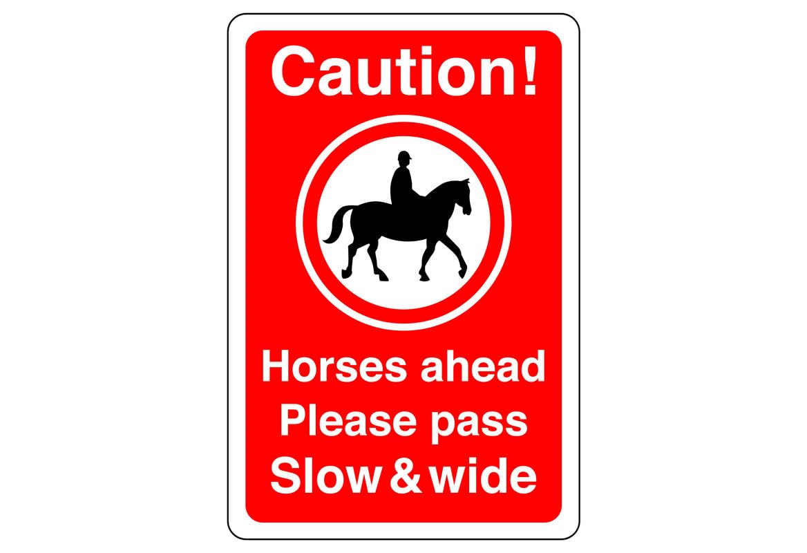 Safety First Display Ltd Red/Black Caution Horses Ahead Please Pass Slow Sign - High Tack Self-Adhesive Sticker (200Mm X 150Mm) Viewing Distance Within 5M.