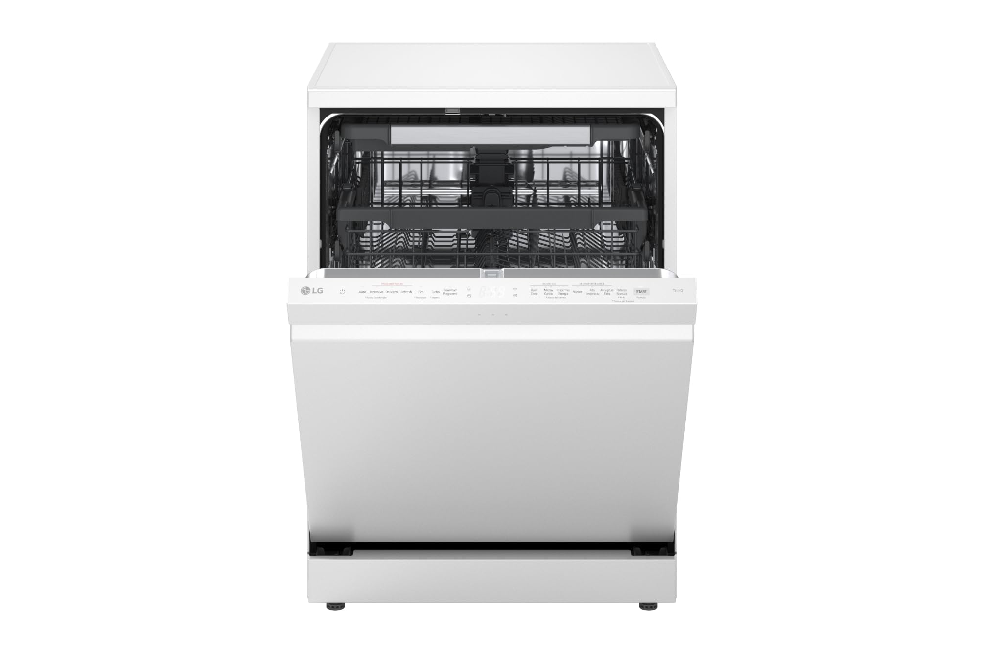 LG DF375HWS Lavastoviglie Libera Installazione Classe A, 14 Coperti, Lavaggio a Vapore TrueSteam, LED Esterno, Sistema QuadWash con 4 Bracci Irroratori, Serie 5, Auto-Apertura, 43dB, Wi-Fi, Bianco