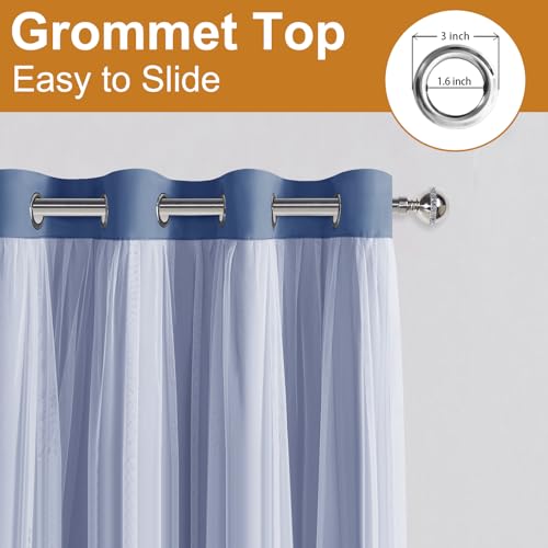 Image of DWCN Blue Blackout Curtains with Sheer Overlay with Tiebacks 63 Inch Long