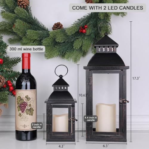 Image of NEEDOMO LED Lanterns Decorative Outdoor&Indoor, Set of 2 Large Bronze Metal Lantern Decor with LED Candle, Lantern Decor for Porch, Patio, Garden, Balcony, Wedding, Spring Decorations (NO Glass)