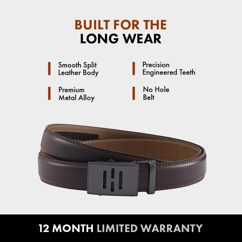 Image of HALDEN BURLEY Men's Brown Ratchet Belt | Auto-Lock Leather Formal Belt with Magnetic Buckle | Adjustable Free Size Fits Up to 44 Inch Waist