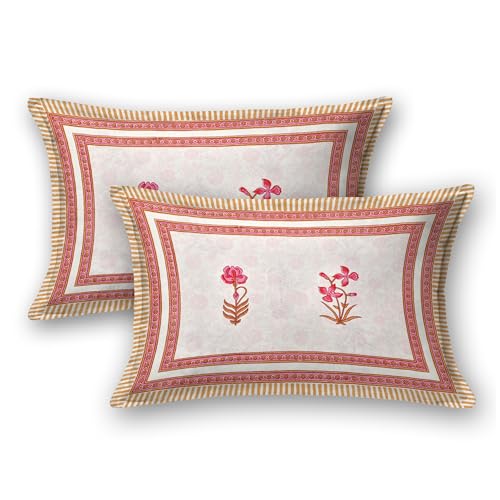 Image of BLOCKS OF INDIA Hand Block Printed 200 TC Cotton King Size Bedsheet (Pink Peach Flower)