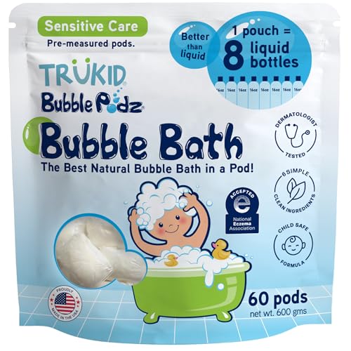 Image of TruKid Bubble Podz Bubble Bath for Kids, Toddlers, & Babies, NEA-Accepted for Eczema, Gentle Refreshing Colloidal Oatmeal Bath Bomb for Sensitive Skin, pH Balanced, Tear Free, Unscented (60 Podz)