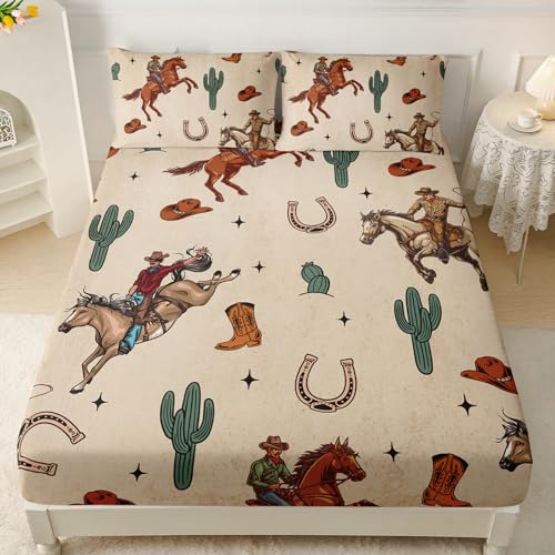 AILONEN Western Cowboy Fitted Sheet Set Queen Size, Rodeo Cowboy Riding Bull with Cacti Bedding Set for Teens,Boys Bedroom Decor,Ranch Jomon Bed Sheet Set,3-Piece, 1 Fitted Sheet and 2 Pillowcases