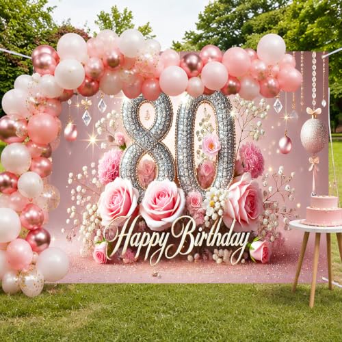 Image of Nuxovilar 80th Birthday Banner - Elegant Pink & Gold Floral Backdrop