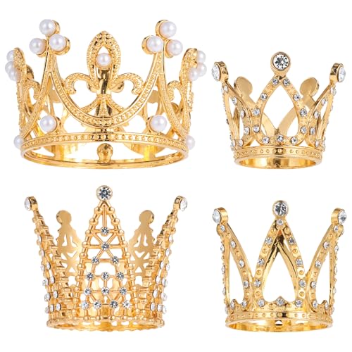 Giantree 4 coronas doradas para decoración de tartas, mini corona de cumpleaños, corona vintage de perlas de cristal, decoración de pastel de princesa reina para ramos, coronas de cumpleaños, bodas