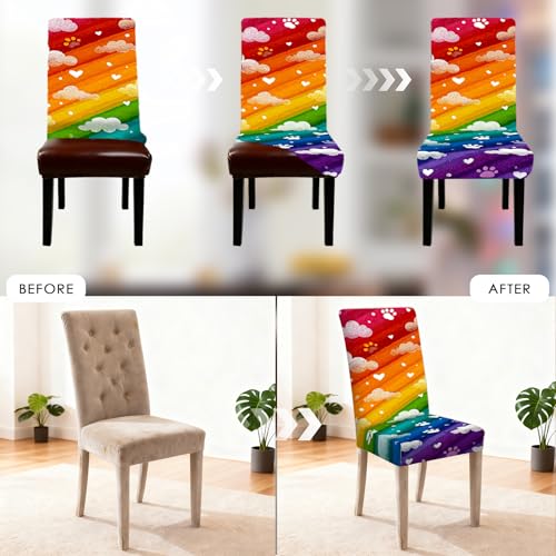 Image of Nuxovilar Rainbow Cloud Paw Print Stretch 23.6x70in 2PCS Chair Covers | Stretch Slipcover Cute Protector Stripe Wrap Seat Guard Dining Room Kids Bedroom Pet Cafe (Rainbow Paw)