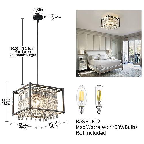 Image of LMQNINE Modern Foyer Chandelier, Black Crystal Chandelier Entryway Pendant Light Fixture, Square Adjustable Height Chandeliers for Kitchen Island, L15.74'' x H9.84''