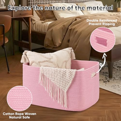 Image of OIAHOMY 75L Large Blanket Basket Woven Storage Basket with Handle Pink