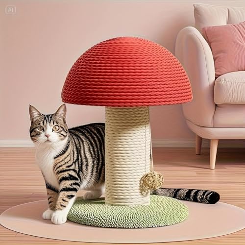 Image of Cat Toy Scratching Post with Roller Ball Track, Catnip Balls & Feather Teaser - Sisal Scratcher with Sturdy Base, Interactive Toy for Cat for Indoor- Mushroom Style