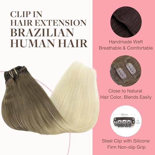 Image of GOO GOO Clip in Hair Extensions Real Human Hair, 22inch 120g 7Pcs, 9 /60 Balayage Ash Brown to Platinum Blonde, Remy Human Hair Extensions Clip ins for Women, Natural Human Hair