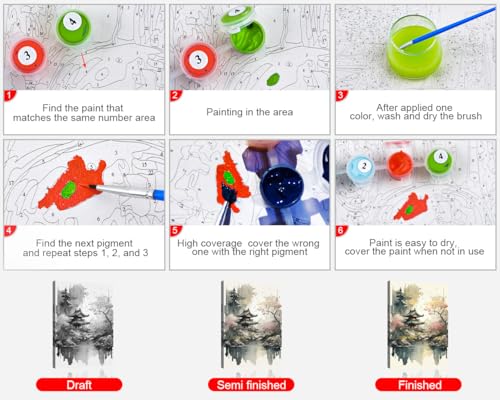 TISHIRON Peinture par numéros pour adultes - Peinture à l'aquarelle japonaise enchanteresse par numéros - Peinture par numéros pour adultes - Décoration murale abstraite - 40,6 x 50,8 cm - Sans cadre