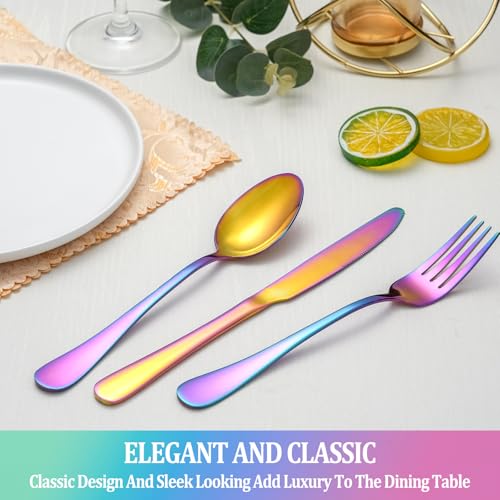 Image of 20 Pcs Rainbow Silverware Set Service for 4,Stainless Steel Flatware Serving Sets,Kitchen Tableware Set,Utensil Set for Home and Restaurant,Knives Forks Spoons Set,Mirror Polished,Dishwasher Safe