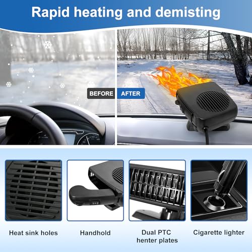 Image of 24V 200W Car Heater & Cooling Fan - Safe & Portable with Cigarette Lighter Plug-In, Rapid Windscreen Defogger & Window Defroster for Winter & Humid Weather for All Cars - Black