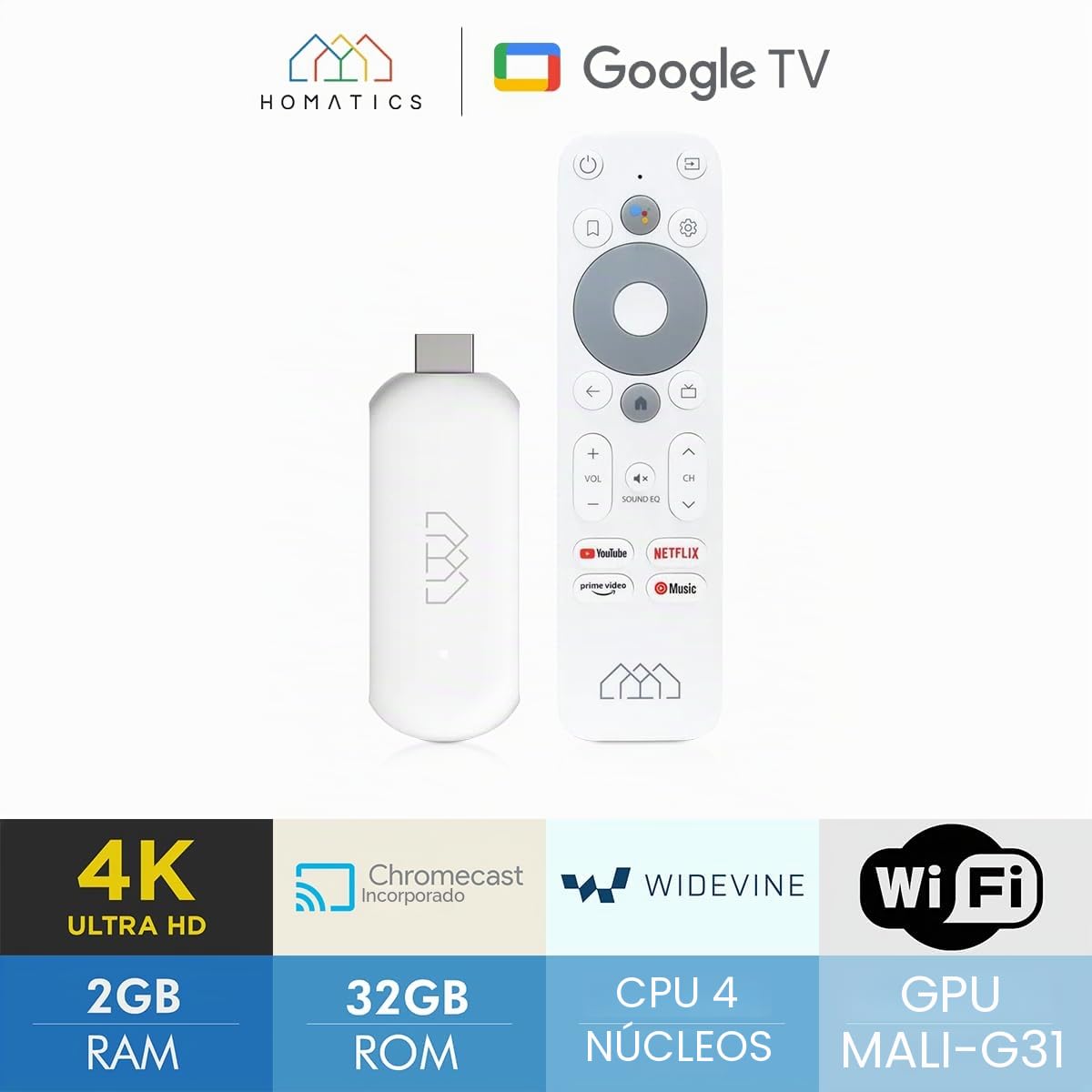 [Prueba MUY BUENA, dígito 1.1 *] Homatics TV Stick 4K UHD | Google TV & Netflix certificado | Android 12 reproductor multimedia Chromecast WiFi IP Stick con control remoto Bluetooth y cable de