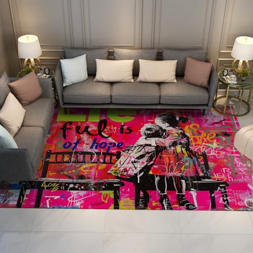 Tapis résistant aux taches rose graffiti 80x150 salon doux antidérapant