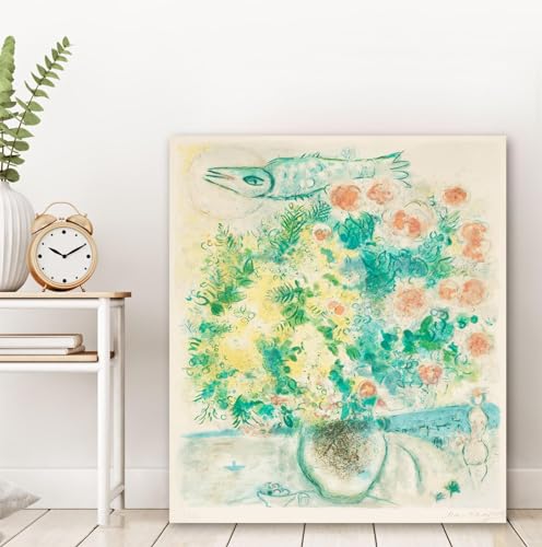 YUNART Gerahmte Leinwand Wandkunstdrucke Marc Chagall Rosen und Mimose Vintage gespannte und gerahmte Giclée Kunstwerk Bilder Druck auf Leinwand 70x90cm Innenrahmen